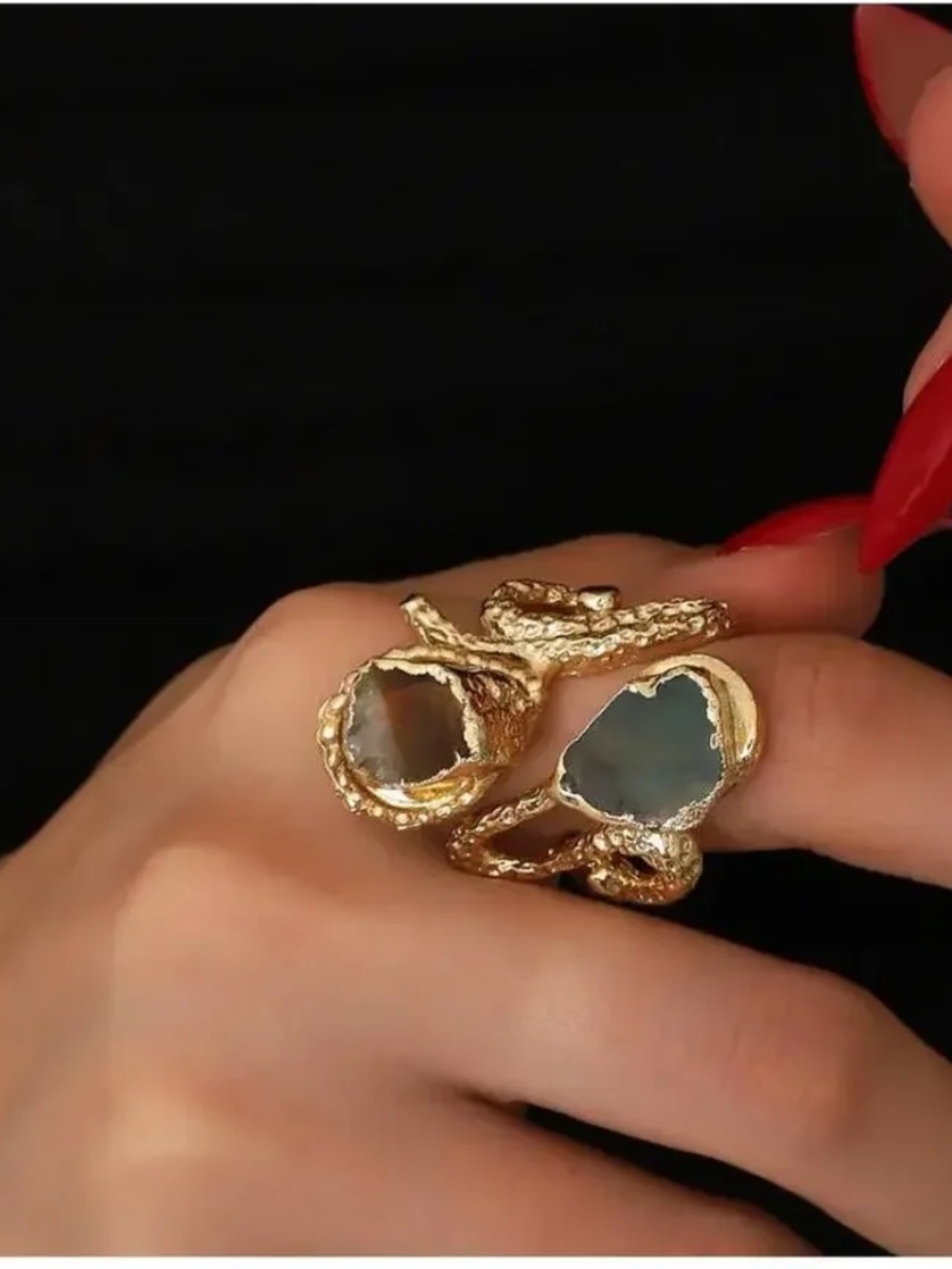 Gold Plated Natural Stone Ring - one size adjustable